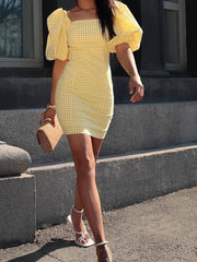 Cyflymder Fashion Plaid Print Draped Short Dress Elegant Square Collar Commuting Mini Dress Women Casual Puffed Sleeve Holiday Party Dress