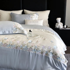 Cyflymder 4Pcs Blue Pink Luxury Butterfly Flowers Embroidery Bedding Set Egyptian Cotton Duvet Cover Bed Sheet/Fitted Sheet Pillowcases