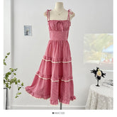 Cyflymder Sweet Lace Spliced Plaid Suspender Dress Women 2025 Summer Sleeveless High Waist A-line Layered Cake Beach Long Dresses