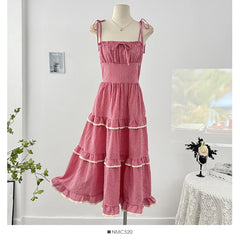 Cyflymder Sweet Lace Spliced Plaid Suspender Dress Women 2025 Summer Sleeveless High Waist A-line Layered Cake Beach Long Dresses