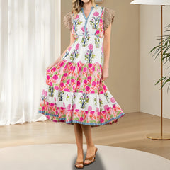 Cyflymder Floral Print Long Dress y2k Women's V Neck Flying Sleeve Flowy A Line Dress Vacation Beach Party Dresses Streetwear