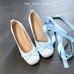 Cyflymder Women's Vintage High Heels,French Luxury Satin Silk Round Toe Block Heel Slip-on Pumps,Sweet Bow Lolita Plus Size Ballet Shoes