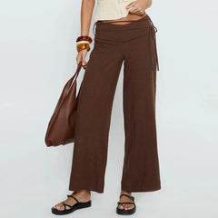 Cyflymder Striped/Solid Tie Up Mid Rise Wide Leg Trousers Women Casual Loose Fit Long Pants Elegant Lady Daily Straight Pants