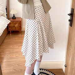 Cyflymder Irregular Vintage Korean Polka Dot Skirts Spring Summer A-Line Basic Female Clothing High Waist Fashionable Folds Knee Skirts