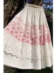 Cyflymder Vintage A-line Casual Skirt Women Spring Summer Sweet Chic Splice Lace Pig Print Big Swing Elastic Waist Skirts Cute 272B