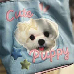 Cyflymder Harajuku Sweet Cute Blue Puppy Tote Bag Women Printed Canvas Handbag Ladies Compact Bucket Shoulder Bags Purse 2025 New