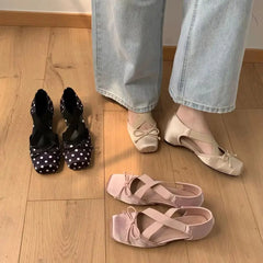 Cyflymder Women's Elegant Pink Satin Ballet Shoes Square Toe Cross Strap Polka Dot Bow Mary Jane Shoes Inside Mid Heel Casual Pumps