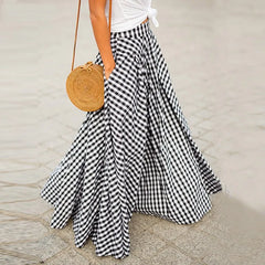 Cyflymder Spring/Summer Elegant and Fashion Style Checkered Medium to Long High Waist Large Swing Skirt with Drop Feeling Half Body Skirt