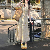 Cyflymder Broken Flowers French Style V-Neck Dresses Summer Short Sleeve Female Clothing Fashionable Lace Spliced Aura A-Line Long Dress