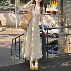 Cyflymder Broken Flowers French Style V-Neck Dresses Summer Short Sleeve Female Clothing Fashionable Lace Spliced Aura A-Line Long Dress