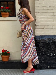 Cyflymder Striped Sleeveless Cowl Neck Dress Fitted Ruched Asymmetric Hem Summer Casual Women Knit Dress Fashion Chic Lady Vestido