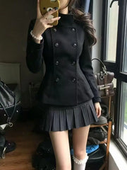 Cyflymder Vintage Japanese Preppy 2 Piece Set Women Double Breasted Coat High Waist Pinstriped Pleated Mini Skirt Slim Fit Elegant Outfit