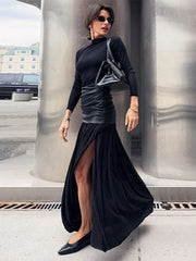 Cyflymder PU Leather Patchwork Side Split Skirt Women Slim High Waist Pleated Fashion Party Skirts 2025 Summer Autumn Straight Street