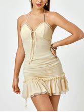 Cyflymder Women's Halter Backless Cut Out Mini Dress Lace Up Ruffle Sexy Fashion Casual Party Cami Short Dresses Beige Summer