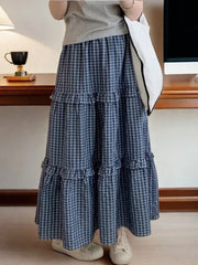 Cyflymder Fashionable Versatile Women's Skirt Multi-Tiered Ruffled Plaid Cake Skirt Elastic Waist Sweet Casual A-Line Mid-Length Skirt