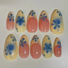Cyflymder 10Pcs Handmade Manicure Medium Almond Fake Nails French Flower Summer Hot Limited Press On Nails with Adhesive Nail File Set