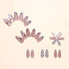 Cyflymder 24pcs Nude Star Press On Nails Black White Polka‑dot French Tip Fake Nail Y2K Sweet Artificial Almond False Nail for Women