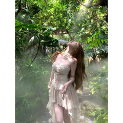 Cyflymder Y2K Irregular Midi Dress Women Fashion Party Sexy Lace Strapless Dresses Summer Fairy Korean Bandage Bodycon Design Vestidos New