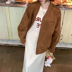 Cyflymder Vintage Brown Bomber Jackets Women Autumn Single Breasted Full Sleeve Female Coats Fashion Streetwear Office Baseball Outerwears