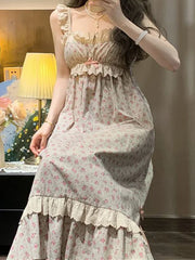 Cyflymder Korean Kawaii Princess Nightdress Women Summer Sleeveless Ruffles Printed Princess Nightgowns Sweet Girl Pajama Sleepwear