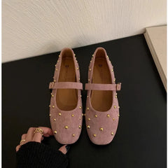 Cyflymder Summer Brand Mary Jane Shoes for Women Fashion Rivet Suede Classic Retro Brown Casual Soft Bottom Comfortable Ladies Flats