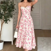 Cyflymder Elegant Maxi Dress For Women Thin Spaghetti Strap Sweetheart Neck Lace Trim Floral Print Long Skirt Lady's Party Dating Frock