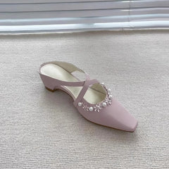 Cyflymder Sheepskin Version French Gentle Purple Cross Strap Rhinestone Knitted Square Toe Mules For Women Outdoor Inner Height Increasing