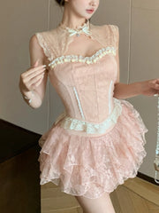 Cyflymder Korean Fashion Princess Vintage Set Women Lace Elegant Sweet 2 Piece Set Female Y2k Bow Sexy Casual Chic Mini Skirt Suit Summer