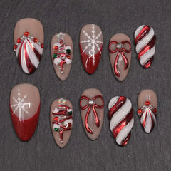 Cyflymder 24Pcs Cat's Eye Red French False Nails Press on Mid-length Almond Fake Nails Bow Snowflake Pearl Wearable Full Cover Nails Tips