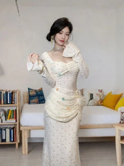 Cyflymder Y2k Aesthetic Sexy Flower Grunge Vestidos Square Collar Bodycon Fairy Dress Harajuku Woman Fake Two Pieces Pleated Dresses