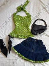 Cyflymder Vintage Japan Polka Dot Green Girl Sleeveless Corset Clothes Crop Top Fashion Summer Women's Tank Y2k Harajuku Halter Camis Chic