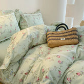 Cyflymder 100% Cotton Spring Garden Flowers Botanical Chic Ruffles Soft Comfortable Double Queen (1Duvet Cover+1Bed Sheet+2Pillowcases)