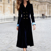 Cyflymder Elegant Double Breasted Velvet Dress for Women's Long Sleeve Notched Collar Solid Casual Patchwork Autumn with Pockets Dresses