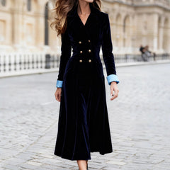 Cyflymder Elegant Double Breasted Velvet Dress for Women's Long Sleeve Notched Collar Solid Casual Patchwork Autumn with Pockets Dresses
