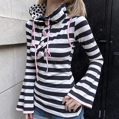 Cyflymder Stripes Vintage Y2K High collar Punk Women Classic Slim Tide T-shirt Darkwave Fashion Tee Tops Pink Cute Polka dot Tide Clothing