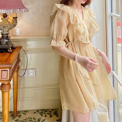 Cyflymder Women Summer Sweet Dress Purple Ruffles V-neck Soft Kawaii Korean Mujer Tender Vestidos Lady Elegant Beach Dress