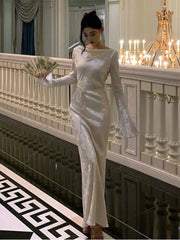 Cyflymder Autumn Evening Dresses for Women Bodycon Wedding Prom Robe Flare Sleeve Swinging Collar French Vintage Midi Vestidos Mujer New