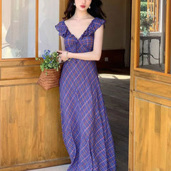 Cyflymder Stylish French Style Long Dress Female Clothing Vintage Purple Plaid Summer New V-Neck Drawstring Elegant Flying Sleeve Dresses