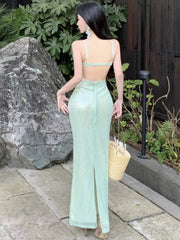 Cyflymder Sexy Green Spaghetti Strap Evening Dresses Elegant Backless Sleeveless Slim Party Prom Casual Vestidos Long Robe Female Clothing