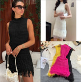 Cyflymder Sexy Dress Women Sleeveless Hollow Out Patchwork Tassel Slim Bodycon Knitted Short Dresses