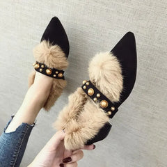 Cyflymder Trendy Fur Shoes Women's Autumn/winter Outerwear New Style Versatile Pointed Mid Heel Coarse Heel Shoe Hopping Bean Shoes