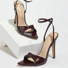 Cyflymder Women's Coffee Brown Patent Leather Pointed Toe Slim High Heels Sandals Crossbody Fashionable Elegant Comfortable Shoes