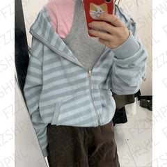 Cyflymder Sweatshirt Y2K Women Long Sleeve Clothing Stripes Preppy Playful Oversized Zip Hoodies Cute Sweet Hooded Lovely Cheery Surcoat