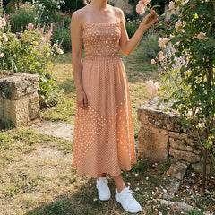 Cyflymder Women Polka Dot Print Dress Shirred Sleeveless Spaghetti Strap Maxi Dress Beach Vacation Party Night Cocktail Dress