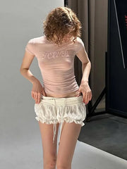 Cyflymder Sweet Plaid Lace Trim Shorts Casual Loose Bandage Patchwork Low-Waisted Shorts Women 2025 Summer Fashion Streetwear Lady