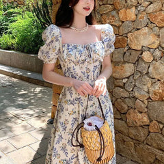 Cyflymder Vintage Broken Flowers Dresses Women's Clothing French Style Puff Sleeve Summer Square Collar Fashion Drawstring Long Dress New