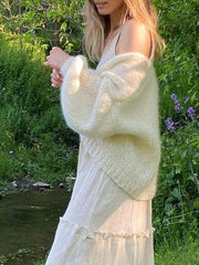 Cyflymder Women s Cozy Knit Sweater Long Puff Sleeve Open Front Solid Color Cardigan Winter Jacket with Faux Fur Trim
