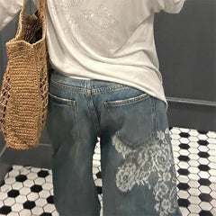 Cyflymder Summer Women's Lace Printed Blue Denim Shorts Young Girl Casual High Waist Bottom Female Loose Capris Calf-length Pants