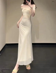 Cyflymder Pure Sexy White Off Shoulder Dress Women's Spring/Summer Slim-fit Slash Neck Wrap Hip Long Dress Fashion Female Clothes