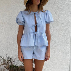 Cyflymder Kawaii 2 Piece Outfits Plaid Puff Sleeve Front Tie Bowknot Blouse T-shirt Tops + Shorts Set Fairy Lounge Y2K Clothes